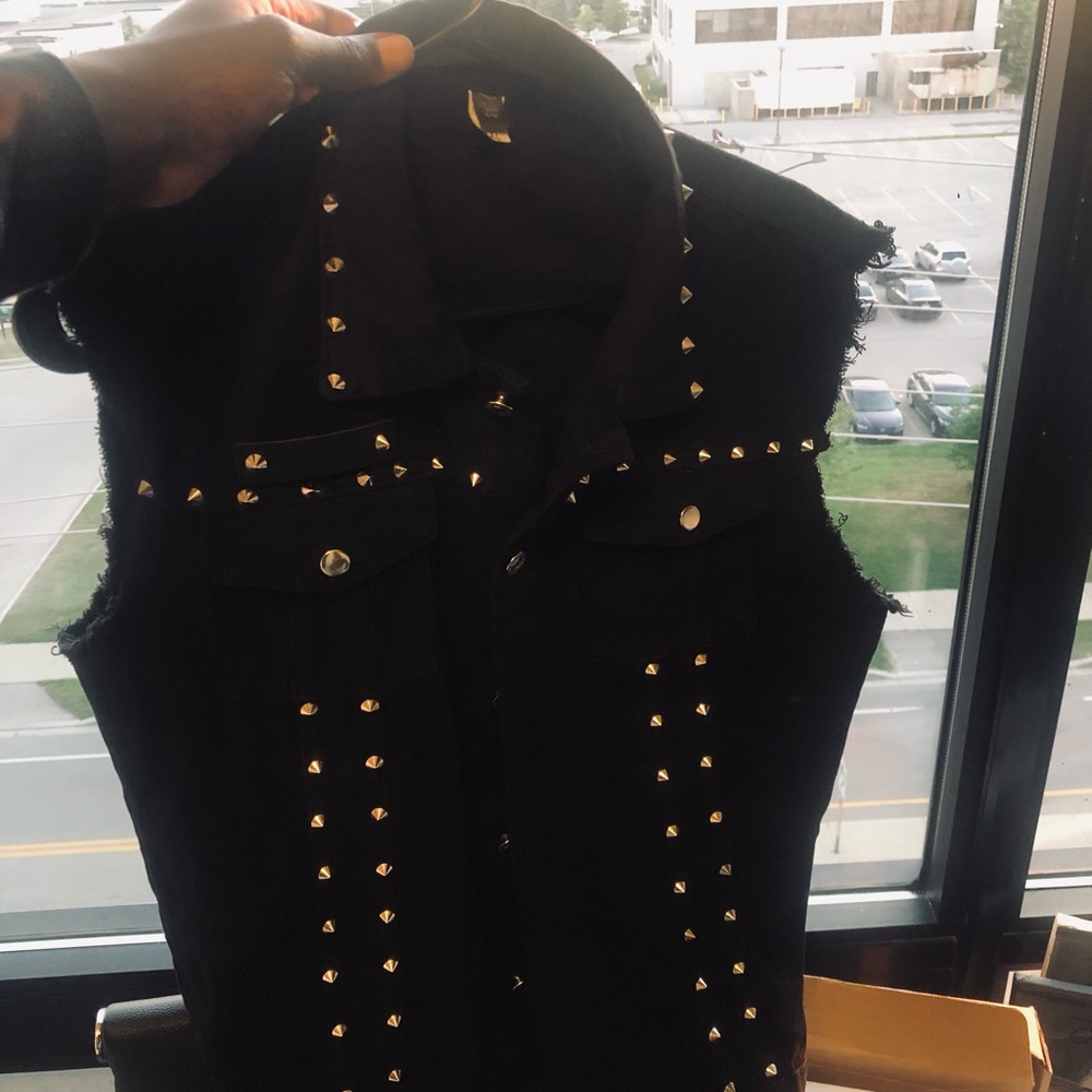 Mens Studded Denim Gilet Sleeveless Biker Jacket